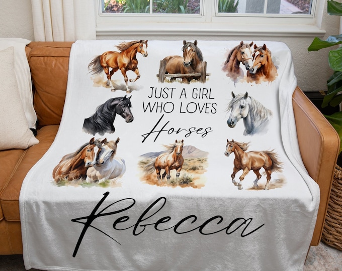 Personalized Horses Blanket, Custom Just a Girl Who Loves Horses Blanket, Equestrian Throw Blanket, Kids Horse Lover Gift Blanket