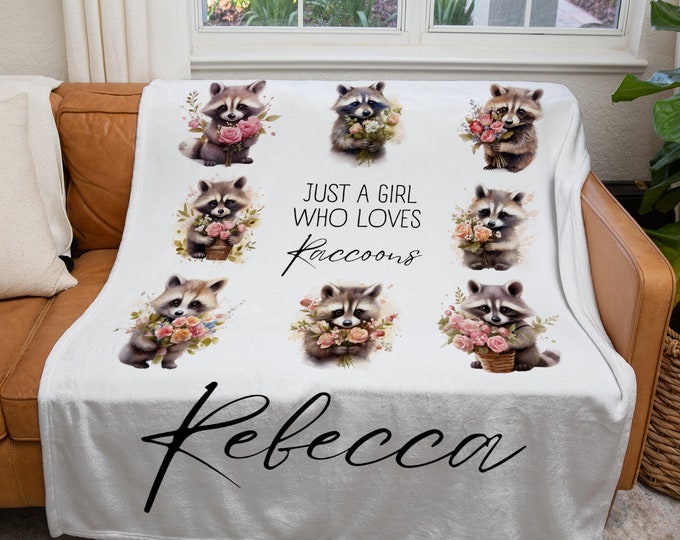 Personalized Raccoon Blanket, Custom Just a Girl Who Loves Raccoons Blanket, Floral Raccoon Throw Blanket, Kids Raccoon Lover Gift Blanket