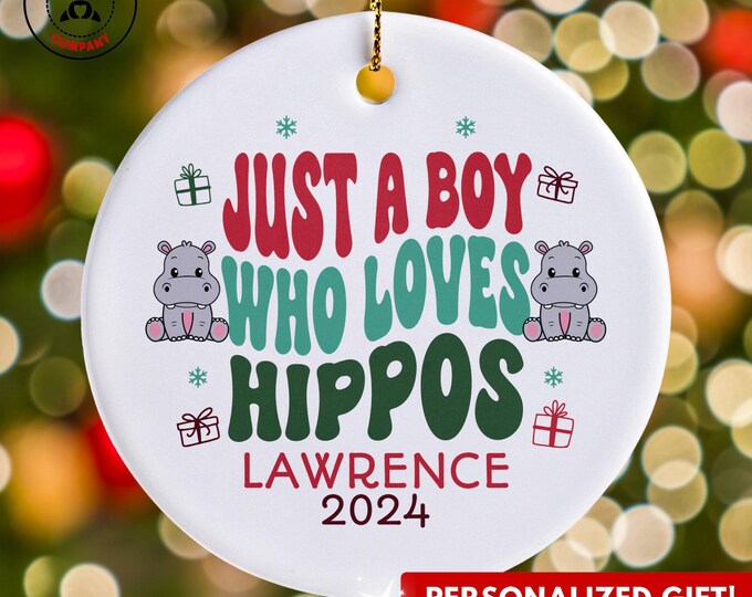 Personalized Hippos Ornament, Just a Boy Who Loves Hippos Ornament, Custom Gift for Hippo Lover, Funny Hippos Lover Gift