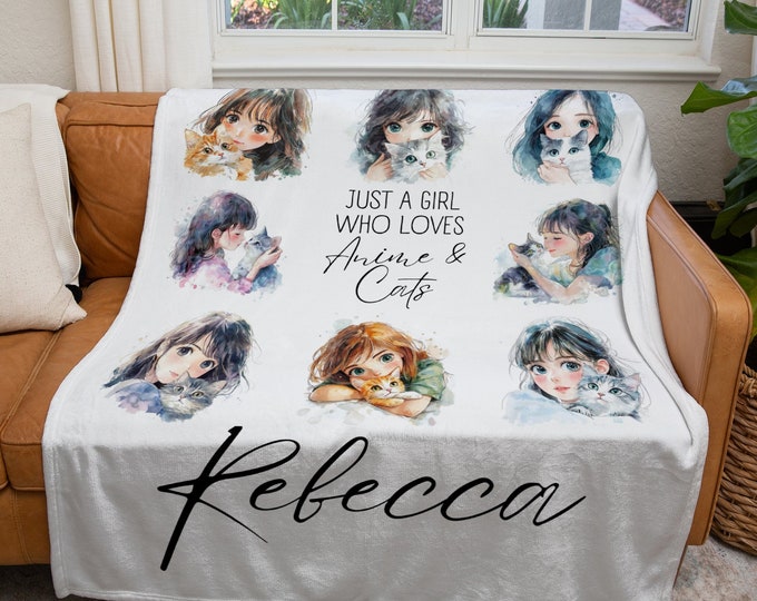 Personalized Anime and Cats Blanket, Custom Just a Girl Who Loves Anime & Cats Blanket, Anime Lover Throw Blanket, Kids Cat Lover Gift