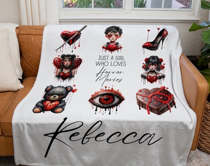Personalized Horror Movies Blanket, Custom Just a Girl Who Loves Horror Movies Blanket, Scary Movie Throw Blanket, Kids Horror Lover Gift