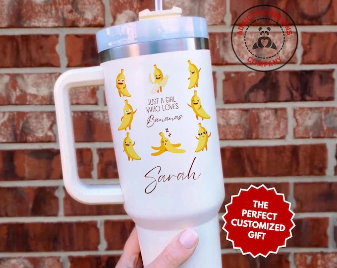 Personalized Banana Tumbler, Custom Just a Girl Who Loves Bananas 40oz Tumbler, Gift for Fruit Lover, Funny Foodie Cup, Teen Girl Mug