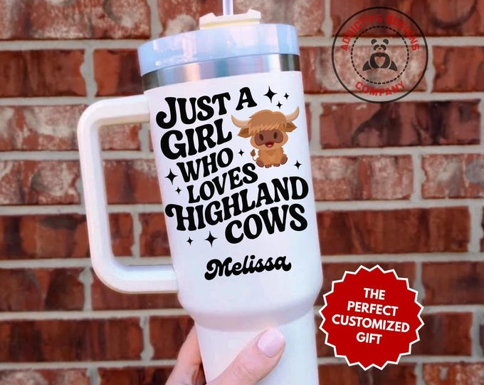 Personalized Highland Cow Tumbler, Custom Just a Girl Who Loves Highland Cows 40oz Tumbler, Gift for Cow Lover, Girl's Travel Mug
