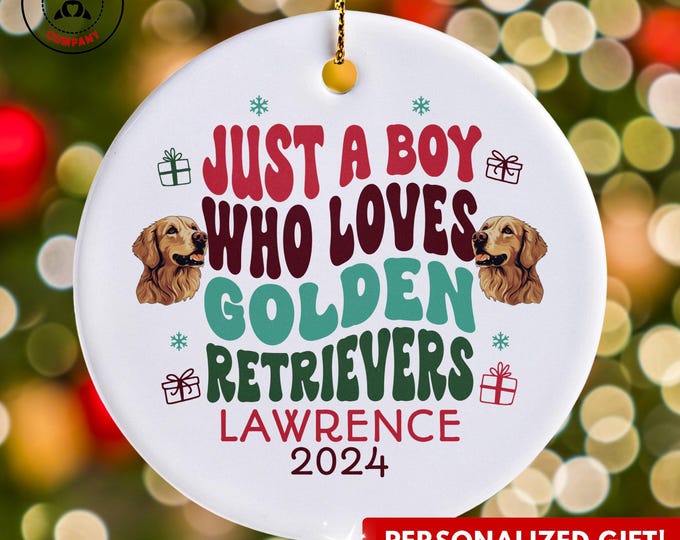 Personalized Golden Retrievers Ornament, Just a Boy Who Loves Golden Retrievers Ornament, Custom Gift for Dog Lover, Funny Puppy Lover Gift