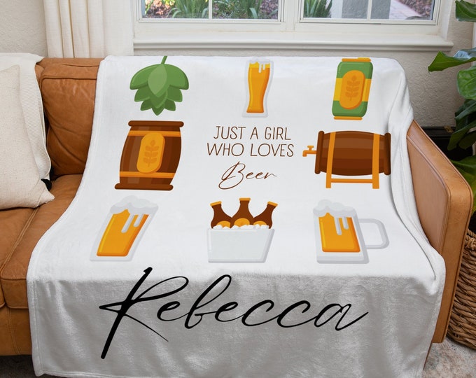 Personalized Beer Blanket, Custom Just a Girl Who Loves Beer Blanket, Brewing Throw Blanket, Kids Beer Lover Gift Blanket