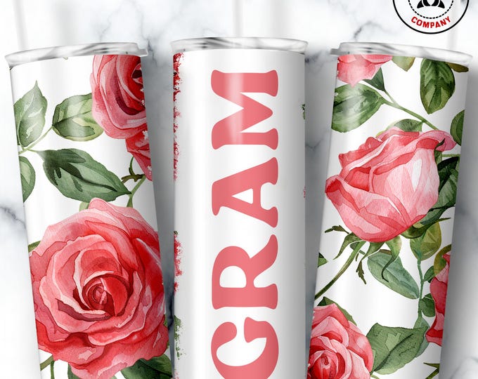 Gram Tumbler, Skinny Tumbler Gift for Grandmother, Floral Gram Mug, Grandma Pink Rose Gift Cup