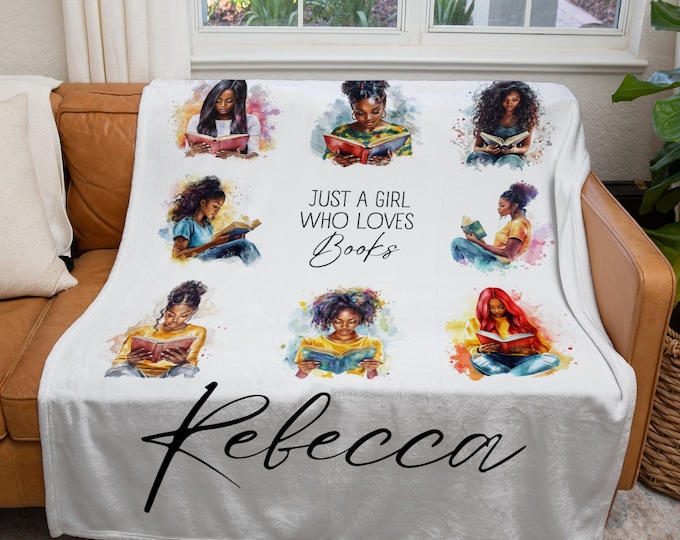 Personalized Books Blanket, Custom Just a Girl Who Loves Books African American Blanket, Reader Throw Blanket, Kids Books Lover Gift Blanket