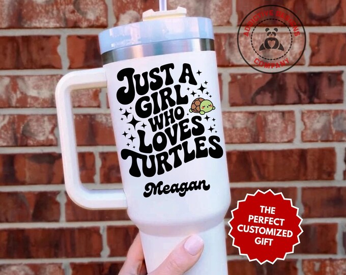 Personalized Turtle Lover Tumbler, Custom Just a Girl Who Loves Turtles 40oz Tumbler, Cute Sea Turtle Gift, Ocean Travel Mug Cup