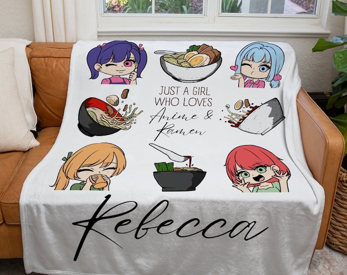 Personalized Anime and Ramen Blanket, Custom Just a Girl Who Loves Anime & Ramen Blanket, Anime Ramen Throw Blanket, Kids Anime Lover Gift