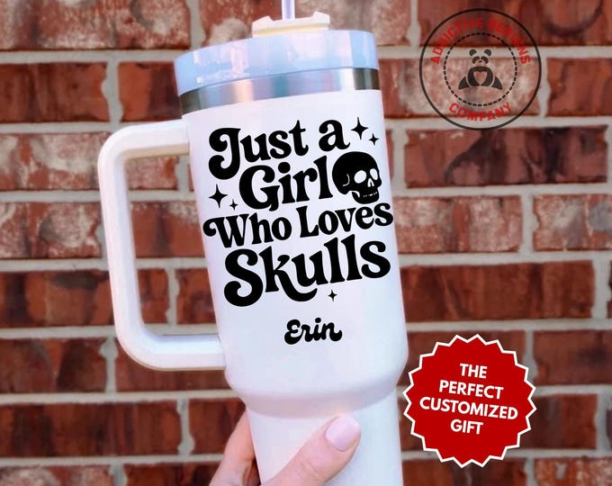 Personalized Gothic Girl Tumbler, Custom Just a Girl Who Loves Skulls 40oz Tumbler, Skull Lover Gift, Alternative Travel Mug