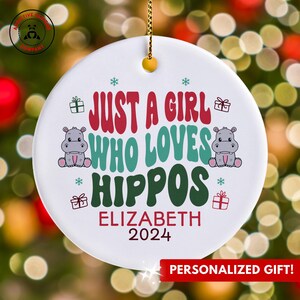 Personalized Hippos Ornament, Just a Girl Who Loves Hippos Ornament, Custom Gift for Hippo Lover, Funny Hippo Lover Gift