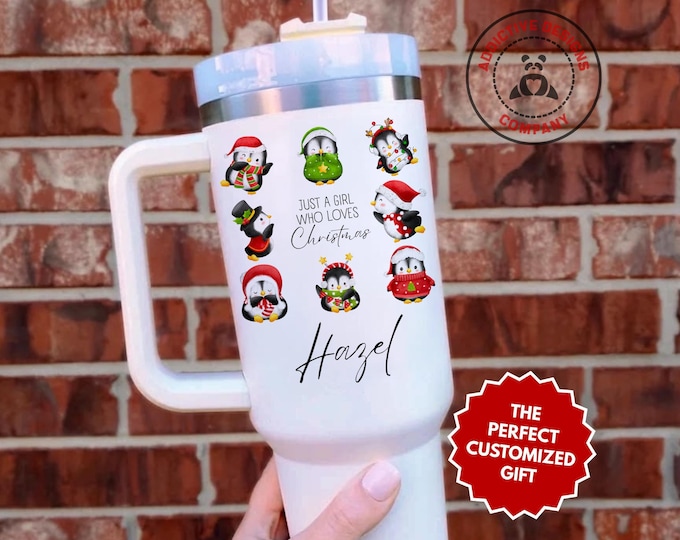 Personalized Penguin Christmas Tumbler, Custom Just a Girl Who Loves Christmas 40oz Tumbler, Cute Winter Animal Gift, Holiday Mug
