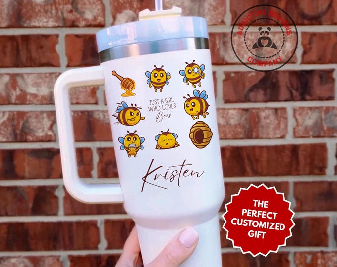 Personalized Honeybee Tumbler, Custom Just a Girl Who Loves Bees 40oz Tumbler, Gift for Beekeeper Girl, Pollinator Lover Travel Cup