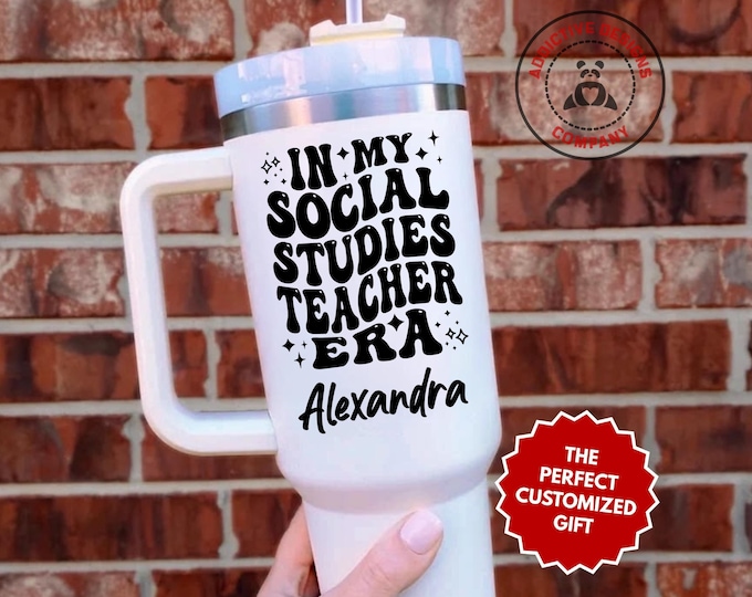 Personalized Social Studies Teacher Tumbler, In My Social Studies Teacher Era Custom 40oz Tumbler, History Mug, Civics Gift, Geography Cup