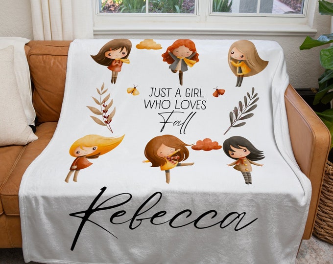 Personalized Fall Blanket, Custom Just a Girl Who Loves Fall Blanket, Autumn Throw Blanket, Kids Fall Lover Gift Blanket