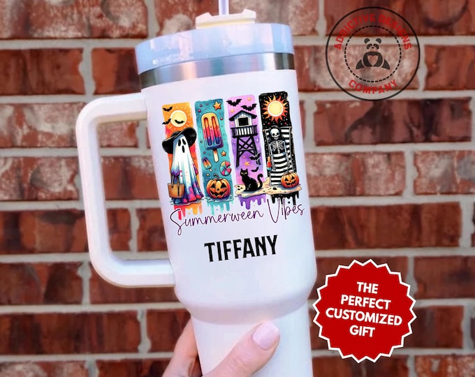 Personalized Summerween Tumbler, Custom Summerween Vibes 40oz Tumbler, Spooky Beach Gift, Cute Halloween Travel Cup, Ghost Skeleton Mug