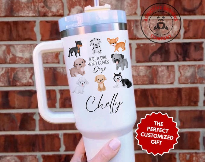 Personalized Dog Lover Tumbler, Just a Girl Who Loves Dogs 40oz Tumbler, Custom Gift for Pet Owner Mug, Funny Dog Mom Gift Cup