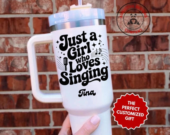 Personalized Singer Tumbler, Custom Just a Girl who Loves Singing 40oz Tumbler, Gift for Music Lover, Microphone Vocalist Cup