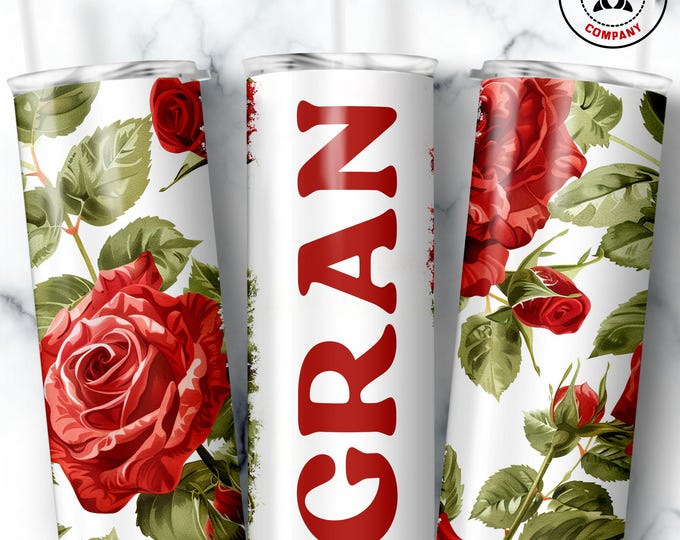 Gran Tumbler, Skinny Tumbler Gift for Grandmother, Floral Gran Mug, Grandma Red Rose Gift Cup