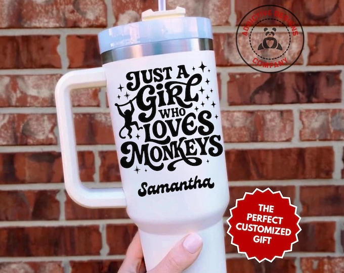Personalized Monkey Lover Tumbler, Custom Just a Girl Who Loves Monkeys 40oz Tumbler, Gift for Animal Lover, Zoo Jungle Travel Mug Cup
