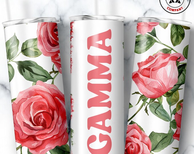 Gamma Tumbler, Skinny Tumbler Gift for Southern Grandmother, Floral Gamma Mug, Grandma Pink Rose Gift Cup