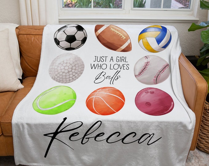 Personalized Balls Blanket, Custom Just a Girl Who Loves Balls Blanket, Sports Throw Blanket, Kids Sports Lover Gift Blanket
