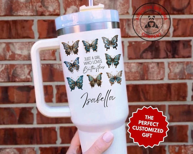Personalized Butterfly Tumbler, Custom Just a Girl Who Loves Butterflies 40oz Tumbler, Steampunk Butterfly Gift, Nature Girl Cup