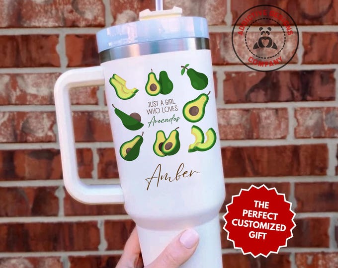 Personalized Avocado Tumbler, Custom Just a Girl Who Loves Avocados 40oz Tumbler, Gift for Foodie Girl, Fruit Lover Cup, Teen Travel Mug