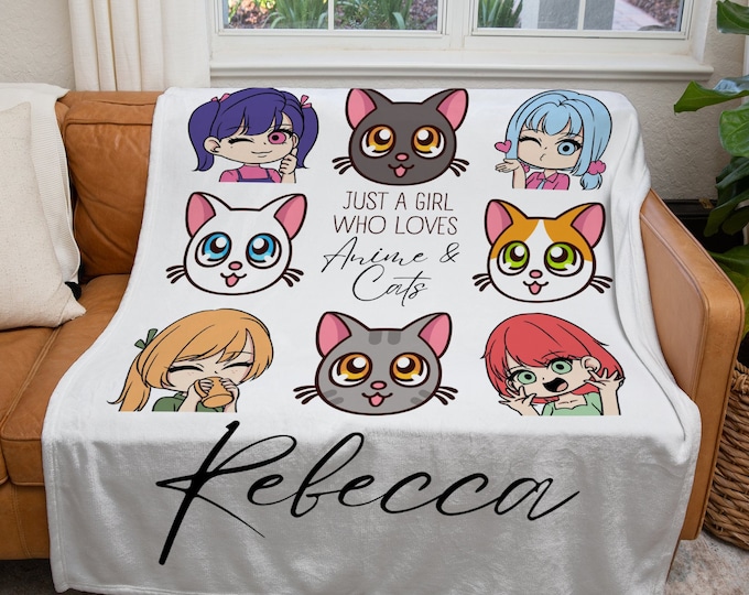 Personalized Anime and Cats Blanket, Custom Just a Girl Who Loves Anime and Cats Blanket, Feline Enthusiast Gift Blanket, Kids Anime Lover