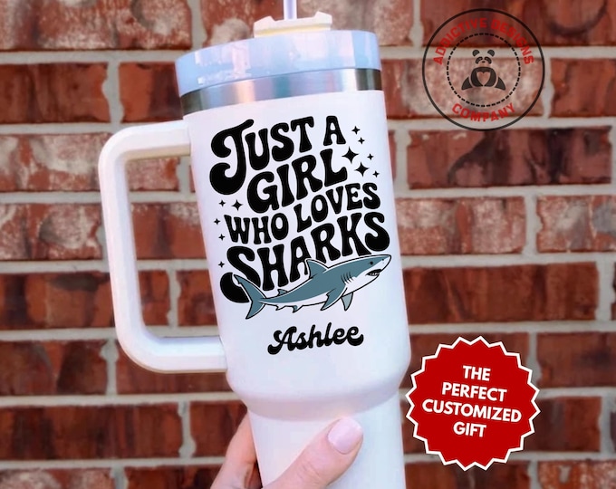 Personalized Shark Lover Tumbler, Custom Just a Girl Who Loves Sharks 40oz Tumbler, Gift for Shark Girl, Shark Fan Travel Mug Cup