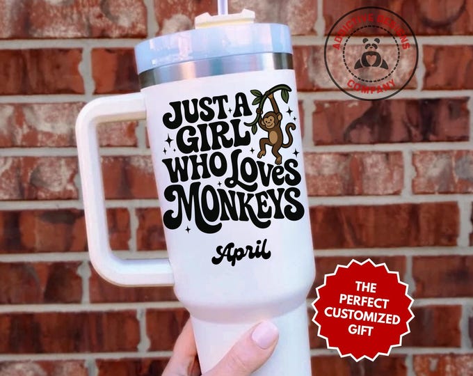 Personalized Monkey Lover Tumbler, Custom Just a Girl Who Loves Monkeys 40oz Tumbler, Gift for Girls, Monkey Themed Travel Mug