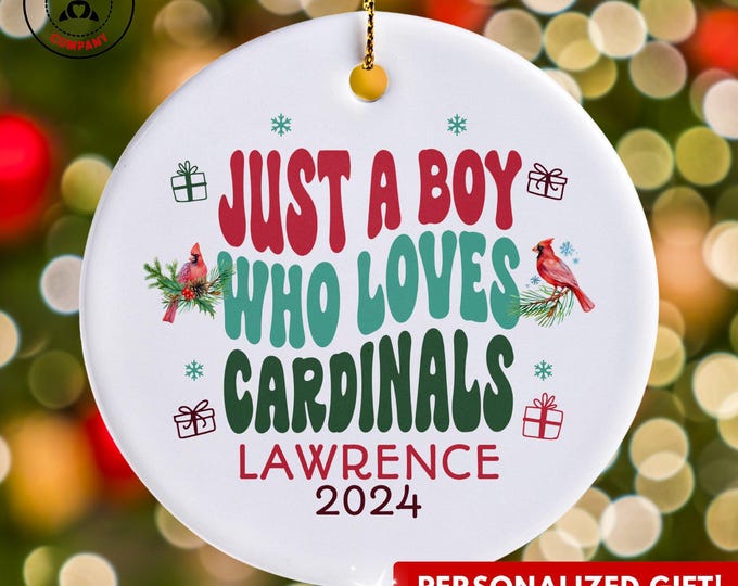 Personalized Cardinals Ornament, Just a Boy Who Loves Cardinals Ornament, Custom Gift for Birdwatcher, Funny Cardinals Lover Gift