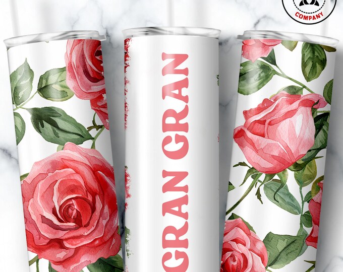 Gran Gran Tumbler, Skinny Tumbler Gift for Grandmother, Floral Gran Gran Mug, Grandma Pink Rose Gift Cup