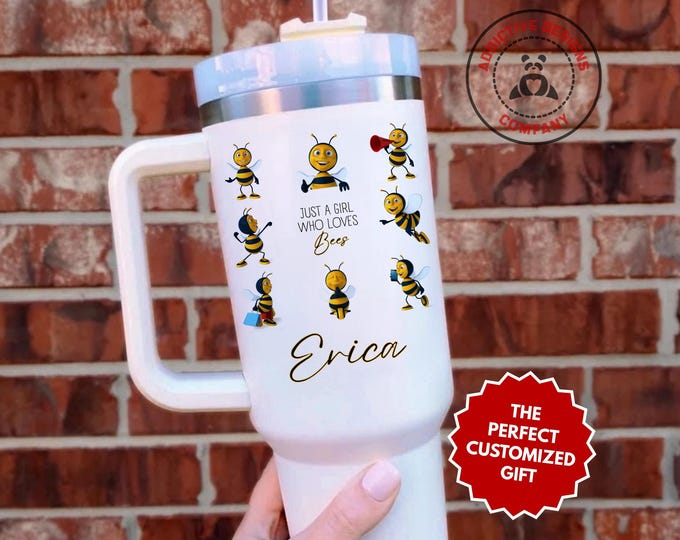 Personalized Honeybee Tumbler, Custom Just a Girl Who Loves Bees 40oz Tumbler, Gift for Beekeeper Girl, Pollinator Lover Travel Cup