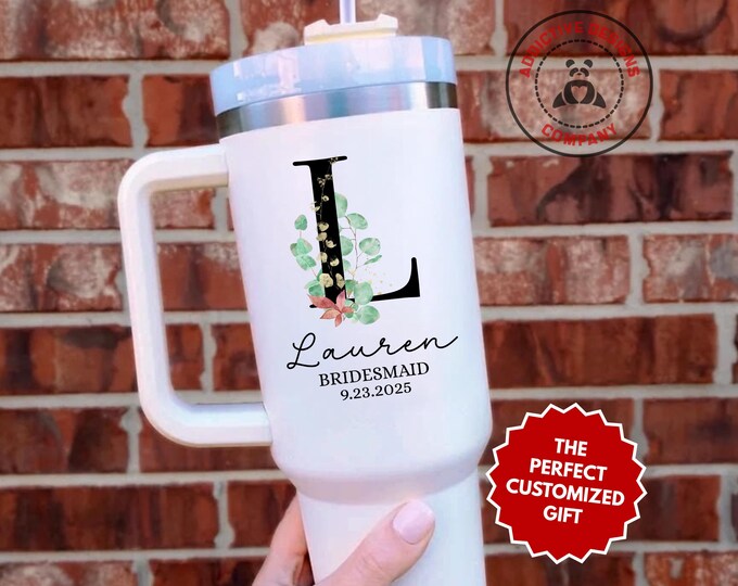 Personalized Bridesmaid Tumbler, Custom Floral Monogram Bridesmaid 40oz Tumbler, Gift for Bridesmaid, Wedding Party Cup, Custom Name Mug