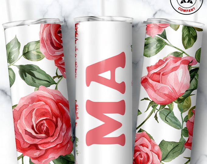 Ma Tumbler, Skinny Tumbler Gift for Mother, Floral Ma Mug, Grandma Pink Rose Gift Cup