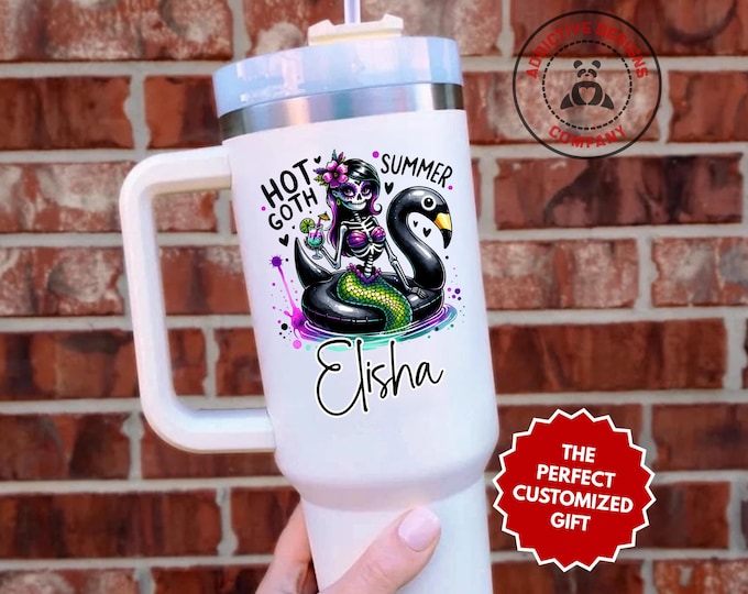 Personalized Goth Girl Tumbler, Custom Hot Goth Summer 40oz Tumbler, Summerween Skeleton Mermaid Cup, Alt Girl Gift, Spooky Pool Mug