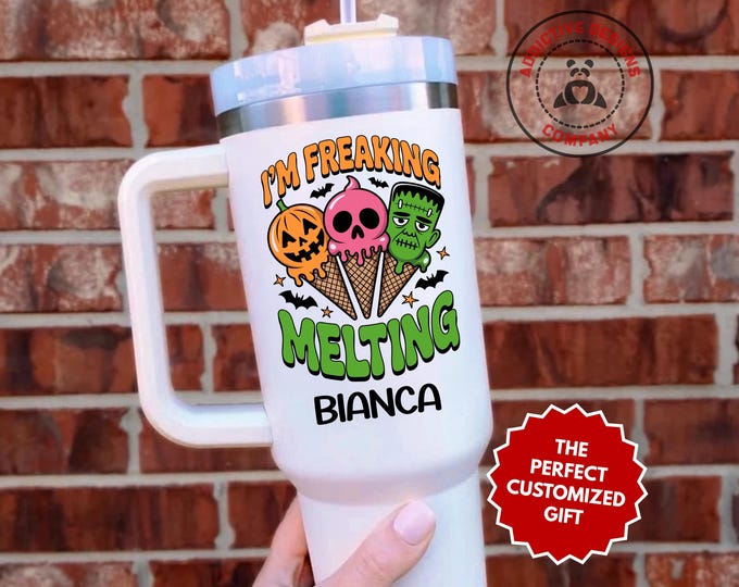 Personalized Summerween Tumbler, Custom I’m Freaking Melting 40oz Tumbler, Halloween Ice Cream Cup, Funny Fall Gift, Name Travel Mug