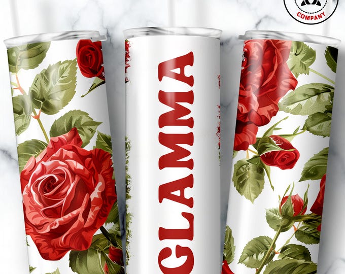 Glamma Tumbler, Skinny Tumbler Gift for Glamorous Grandmother, Floral Glamma Mug, Grandma Red Rose Gift Cup