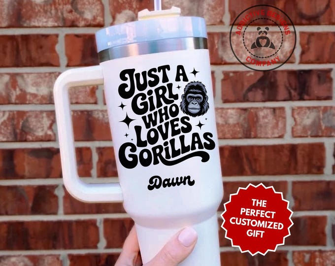 Personalized Gorilla Lover Tumbler, Custom Just a Girl Who Loves Gorillas 40oz Tumbler, Gift for Animal Lover, Wildlife Travel Mug Cup