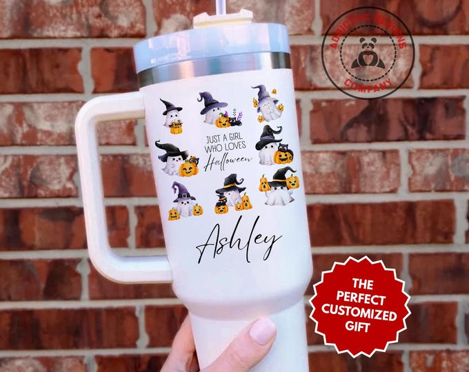 Personalized Halloween Tumbler, Just a Girl Who Loves Halloween 40oz Tumbler, Custom Gift for Spooky Season Mug, Ghost Pumpkin Lover Cup