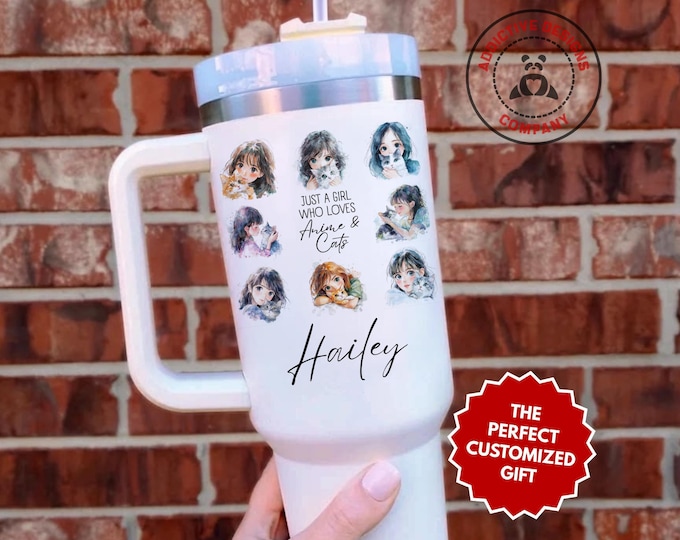 Personalized Anime Girl Tumbler, Custom Just a Girl Who Loves Anime & Cats 40oz Tumbler, Gift for Anime Lover, Cat Mom Cup, Teen Girl Mug