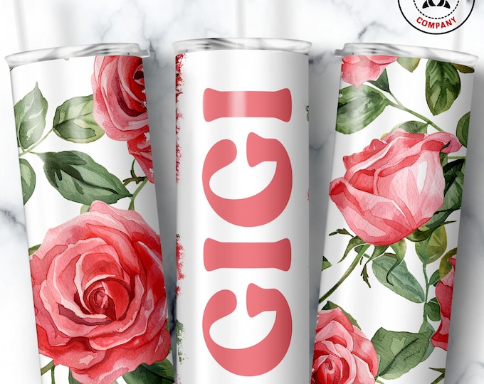 Gigi Tumbler, Skinny Tumbler Gift for Glamorous Grandmother, Floral Gigi Mug, Grandma Pink Rose Gift Cup