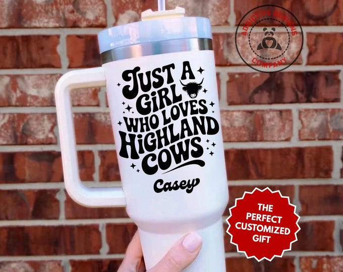 Personalized Highland Cow Tumbler, Custom Just a Girl Who Loves Highland Cows 40oz Tumbler, Farm Animal Gift for Her, Country Girl Mug Cup