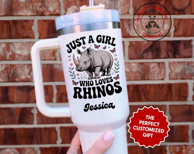 Personalized Rhino Lover Tumbler, Custom Just a Girl Who Loves Rhinos 40oz Tumbler, Gift for Her, Rhino Travel Mug, Animal Lover Cup