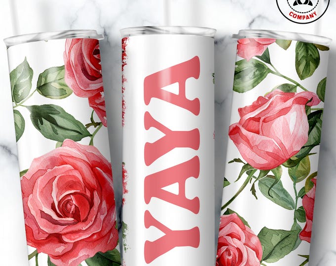 Yaya Tumbler, Skinny Tumbler Gift for Greek Grandmother, Floral Yaya Mug, Grandma Pink Rose Gift Cup