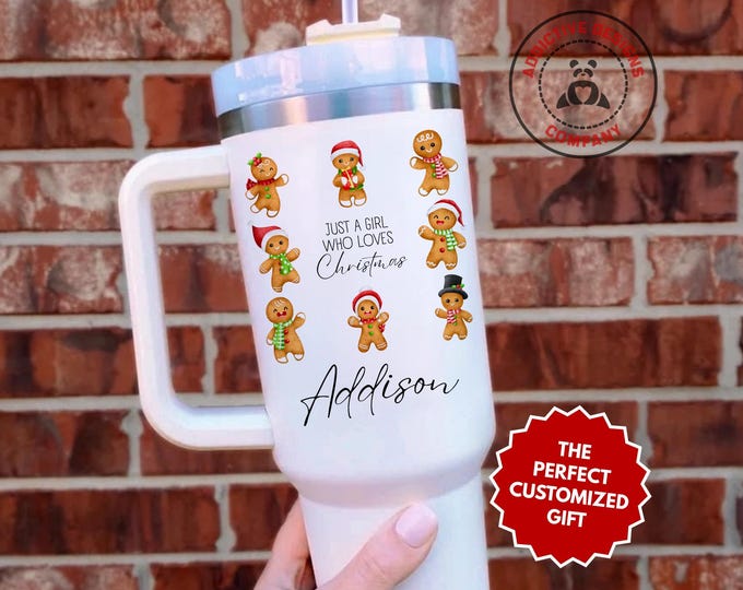 Personalized Gingerbread Christmas Tumbler, Custom Just a Girl Who Loves Christmas 40oz Tumbler, Holiday Gingerbread Mug, Gift Cup