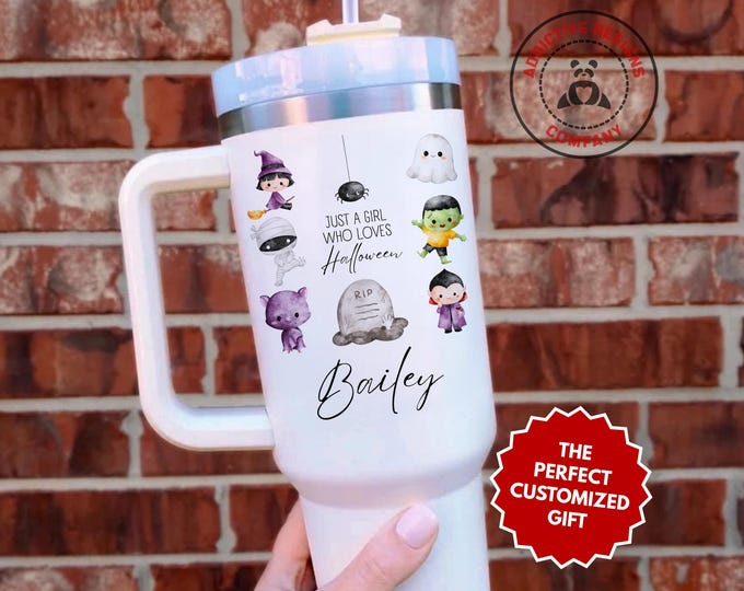 Personalized Halloween Tumbler, Just a Girl Who Loves Halloween 40oz Tumbler, Custom Gift for Halloween Lover Mug, Witch Ghost Vampire Cup