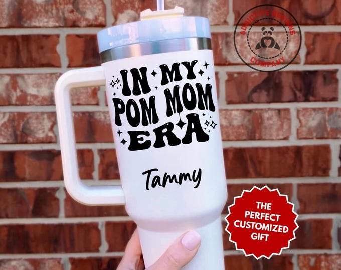 Personalized Pom Mom Tumbler, In My Pom Mom Era Custom 40oz Tumbler, Cheer Mom Gift, Spirit Mama Travel Mug, Cheerleader Mom Cup