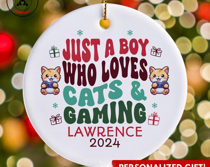 Personalized Cats and Gaming Ornament, Just a Boy Who Loves Cats and Gaming Ornament, Custom Gift for Gamer, Funny Cat Lover Gift